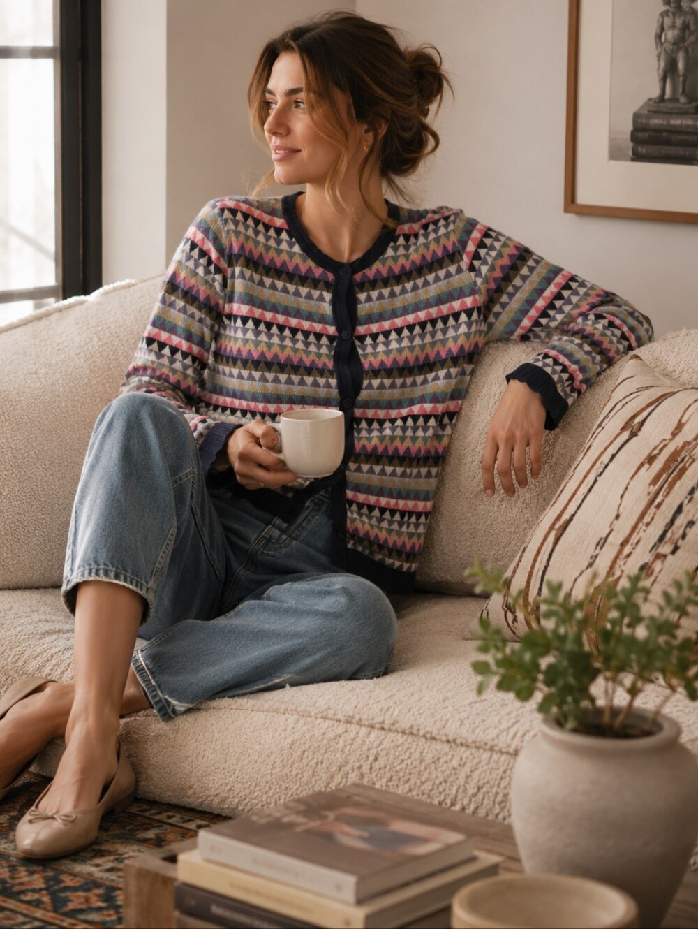ALDOMARTINS Sweater 6 Cardigan WOOL Blend Multi Aztec Geometric Triangle SPAIN